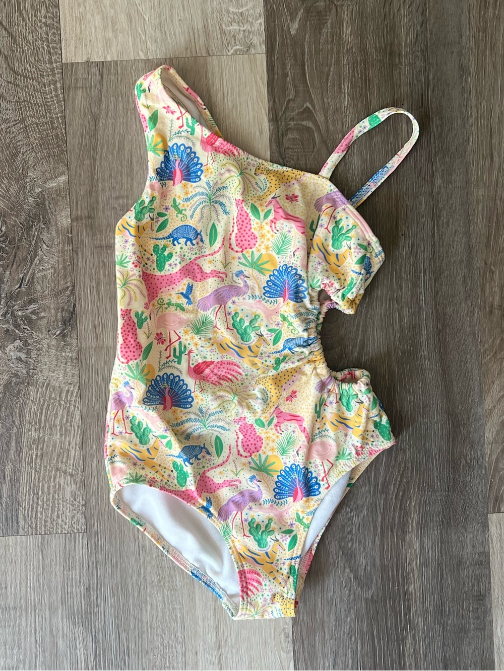 Mini Boden Floral Whimsical Print Cut Out One Piece Swimsuit size 6-7 Years